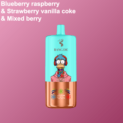 Appareil à vape jetable bleu étiqueté ' Bang De ' et ' Blueberry Raspberry ' avec un personnage de dessin animé portant des écouteurs, sur un fond dégradé rose avec un texte répertoriant les saveurs.