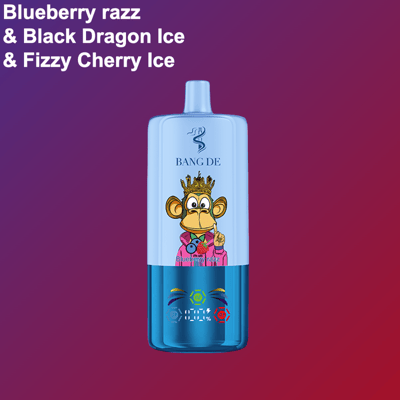 Appareil à vape bleu avec un singe de dessin animé portant une couronne et une robe rose, étiqueté ' Bang De ', et un texte répertoriant les saveurs de razz aux myrtilles, de glace de dragon noir et de glace pétillante à la cerise sur un fond dégradé violet et rouge.