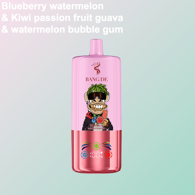 Appareil de vape Pink Bang De représentant un personnage de dessin animé aux cheveux verts, des lunettes de soleil et un large sourire, tenant une tranche de pastèque, avec les options de saveur répertoriées ci-dessus sur un fond dégradé clair.