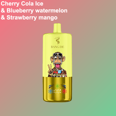 Dispositif de vape jetable jaune et doré avec un singe de dessin animé portant des lunettes de soleil et faisant un signe de paix, affiché sur un fond dégradé rose et vert avec un texte répertoriant les saveurs : Glace Cherry Cola, Pastèque Myrtille et Mangue Fraise.