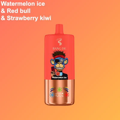 Un appareil à vape rouge et or avec un singe de dessin animé portant des lunettes de soleil et un bandeau, étiqueté ' Glace à la pastèque ', sur un fond dégradé orange avec un texte répertoriant les saveurs : Glace à la pastèque, Red Bull, Fraise kiwi.