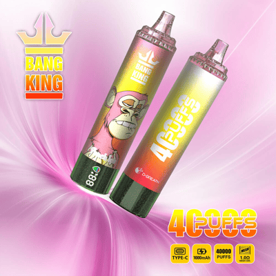Two colored vape devices labeled 'Bang King' and '40000 Puffs' with a pink swirl background and product specifications displayed.