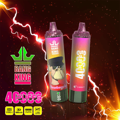 Two disposable vape devices labeled 'Bang King' with a design featuring a gorilla in a cap and the flavor 'Strawberry Ice' highlighted, glowing in a dynamic background with lightning effects.