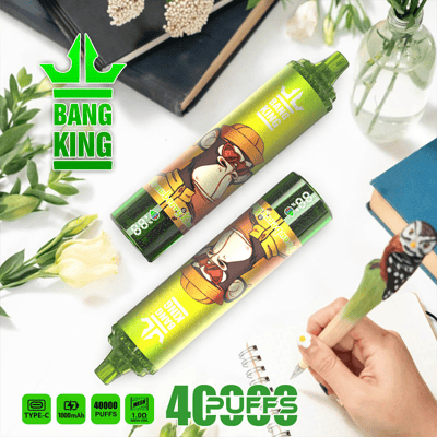 Promotional image showing two green Bang King disposable vape devices featuring a cartoon gorilla wearing a yellow cap, surrounded by flowers and books, highlighting features like 40,000 puffs and Type-C charging compatibility.