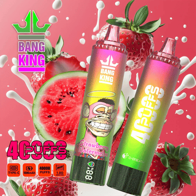 Promotional image of Bang King disposable vape in strawberry watermelon flavor with a colorful gradient design, surrounded by strawberries, watermelon, and milk splashes.