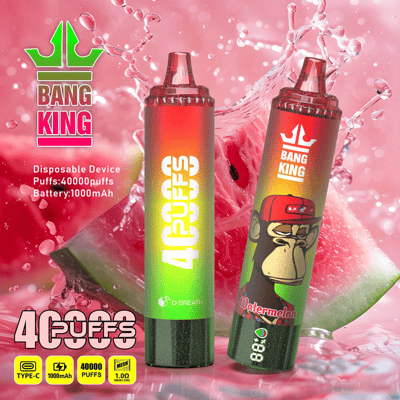 Promotional image for Bang King disposable vape device featuring two designs, highlighted specifications, and imagery of watermelon slices and splashes.