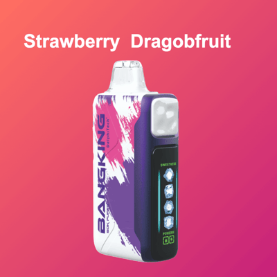 Dispositivo de vapeo con sabor a fruta del dragón de fresa, cuerpo morado y pantalla digital, sobre un fondo degradado rosa junto a una caja blanca con gráficos de color rosa violeta.