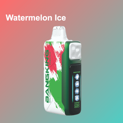 Un dispositivo de vapeo con sabor a helado de sandía en verde y negro junto a una caja blanca con gráficos de salpicaduras en rojo y verde, sobre un fondo degradado de rosa a verde azulado.