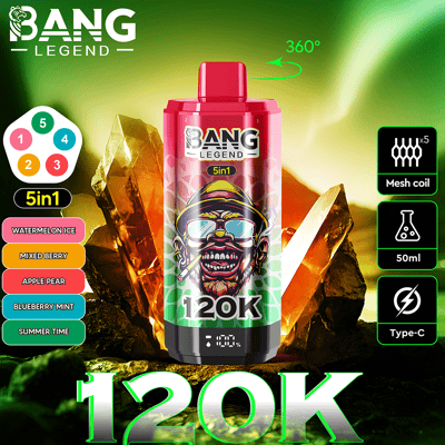 Grafika promocyjna urządzenia 'Bang Legend 5w1 120K', podkreślająca takie funkcje, jak cewka siatkowa, pojemność 50 ml, ładowanie przez USB typu C i różne smaki, w tym lód arbuzowy i mieszane jagody, z żywym tłem świecących kryształów.
