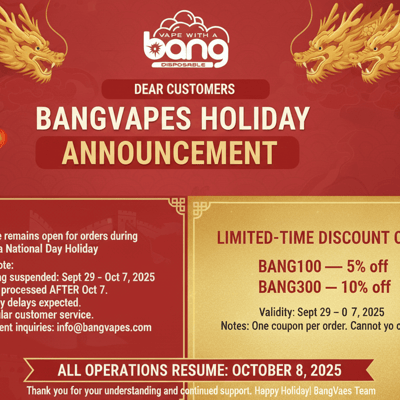 A festive red-and-gold BangVapes holiday poster with two Chinese dragons and lanterns, announcing a ChinChina National Day shipping pause, two limited-time discount codes (BANG100 for 5% off and BANG300 for 10% off) valid Sept 29–Oct 7, 2025, and that all operations resume Oct 8, 2025.