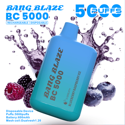 Blue gradient disposable vape labeled BANG BLAZE BC 5000 tilted against splashing purple liquid and scattered blueberries and raspberries, with large text noting 5000 puffs and small specs about battery and mesh coil.