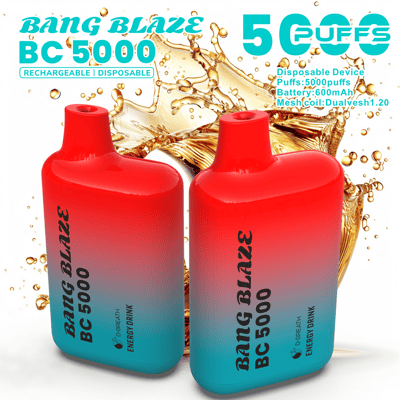 Two red-to-teal gradient Bang Blaze BC 5000 disposable vape devices stand side by side against a splashy gold background, with bold turquoise text advertising BC 5000 and 5 Guffs.