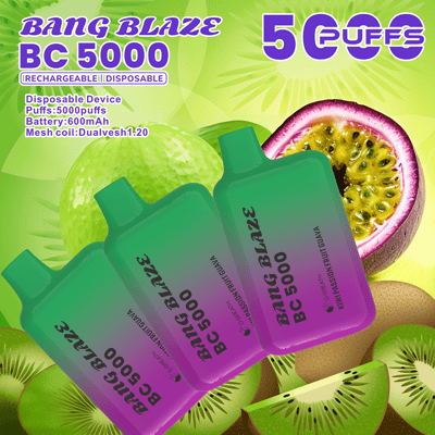 Bright tropical advertisement for Bang Blaze BC 5000 disposable vape devices, showing three green-to-purple gradient units overlapping against a background of dragon fruit, kiwi, and other fruits, with bold text including BC 5000 and Rechargeable Disposable.