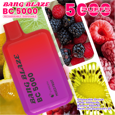 Bright red-to-purple gradient Bang Blaze BC5000 disposable vape device tilted diagonally, with bold branding and ‘5000 puffs’ text, placed on a colorful fruit collage featuring berries, kiwi, citrus slices, and raspberries.