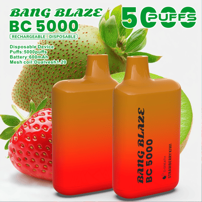 Two orange-to-red gradient disposable vape devices labeled Bang Blaze BC-5000 stand side by side against a bright fruit-themed backdrop with visible strawberries.
