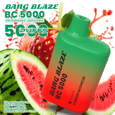 A Bang Blaze BC-5000 rechargeable disposable vape device with a green-to-red gradient body and a large mouthpiece, shown amid strawberry and watermelon imagery to highlight a strawberry–watermelon flavor.
