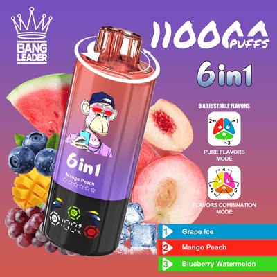 Bang Leader 6in1 Mango Peach vape device centered on a purple gradient background, surrounded by sliced watermelon, blueberries, mango, grapes, and peach, with text and icons indicating six adjustable flavors and flavor-mode options.