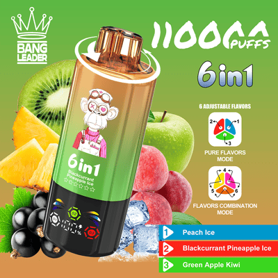 Bright green Bang Leader promotional banner with a tilted 6in1 vape bottle labeled Blackcurrant Pineapple Ice, surrounded by kiwi, pineapple, a green apple and grapes, and icons for 6 adjustable flavors and flavor modes.