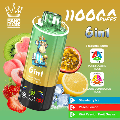 A green cylindrical vape device with a crown Bang Leader logo and '6in1' branding leans diagonally, set against a gradient background with kiwi, peach, strawberry, passion fruit, and lemon to highlight six adjustable flavors and flavor modes.