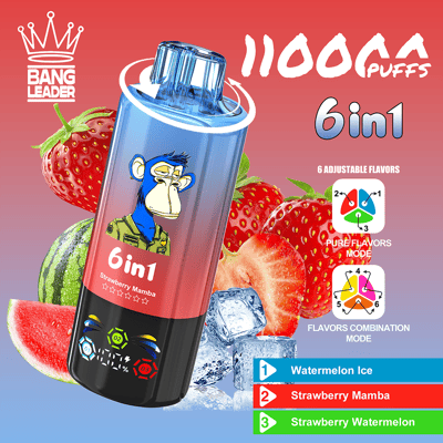 Promotional image for Bang Leader 6in1 disposable vape showing a blue and black bottle with a cartoon monkey, surrounded by strawberries, watermelon and ice, highlighting 6 flavors and flavor modes with a legend for Watermelon Ice, Strawberry Mamba, and Strawberry Watermelon.