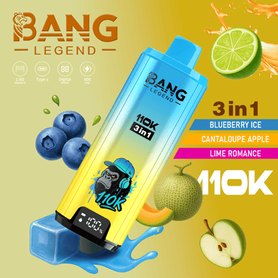 Bang Legend 3-in-1 vape device with a blue-to-yellow gradient and a small digital display, featuring flavor labels Blueberry Ice, Cantaloupe Apple, and Lime Romance, set among blueberries, lime, cantaloupe, and apple slices.