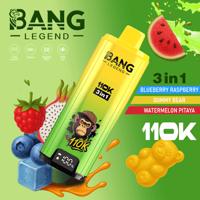 A bright green gradient advertisement featuring a tilted yellow Bang Legend energy drink bottle with a cartoon monkey, surrounded by colorful fruits and splashes, and a 3in1 flavor lineup: Blueberry Raspberry, Gummy Bear, and Watermelon Pitaya.