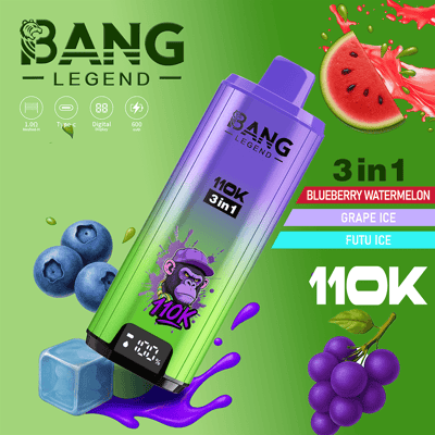 A Bang Legend 110K 3-in-1 vape bottle with a purple-to-green gradient sits diagonally on a lime background, featuring the 3-in-1 label and flavors Blueberry Watermelon, FUTU ICE, and Grape Ice, surrounded by blueberries, a watermelon slice, and purple grapes.