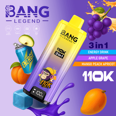 Vibrant Bang Legend 3-in-1 energy drink advertisement with a tall yellow-to-purple gradient bottle labeled '110K 3in1', a cartoon monkey, purple splash, and surrounding fruit visuals (grapes, orange, mango, apricot) and flavor banners 'Apple Grape' and 'Mango Peach Apricot' with a bold '10K' price.