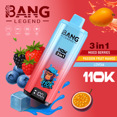 A pink-to-blue gradient Bang Legend 3-in-1 vape device displayed diagonally on a red background, showing '110K 3in1' branding, surrounded by illustrations of mixed berries and a passion fruit mango.