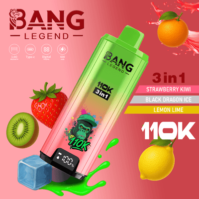 Colorful Bang Legend 3-in-1 vape bottle with a pink-to-yellow gradient, labeled 110K and featuring the three flavors Strawberry Kiwi, Black Dragon Ice, and Lemon Lime, shown with fruit accents on a pink background.