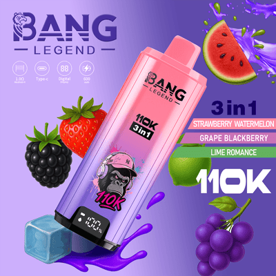 BANG Legend 110K 3in1 energy bottle in a pink-to-purple gradient leans diagonally on a purple background, with a gorilla logo and flavor names, surrounded by strawberries, blackberries, watermelon, lime, grapes, an ice cube, and purple splash (Strawberry Watermelon, Grape Blackberry, Lime Romance).