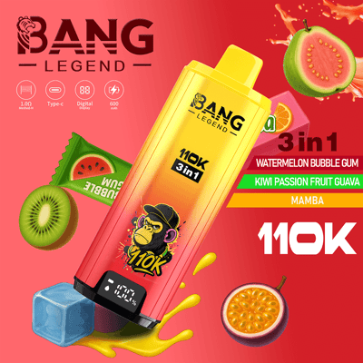 Bright Bang Legend 3 in 1 vape advertisement featuring a diagonal yellow–pink gradient device with a monkey logo, surrounded by slices of watermelon, kiwi, and passion fruit, with bold 110K text and flavor labels on a red background.