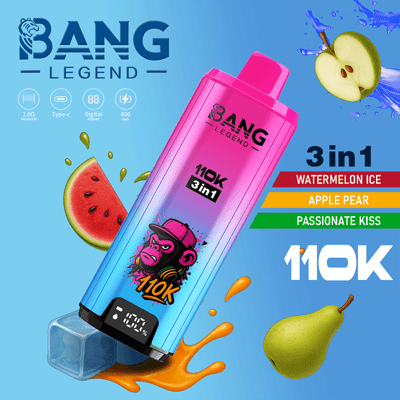 A pink-to-blue gradient Bang Legend 110K 3in1 energy drink bottle angled on a bright blue background, featuring a cartoon monkey graphic and surrounded by watermelon and pear fruit imagery with flavor banners reading Watermelon Ice, Apple Pear, and Passionate Kiss.