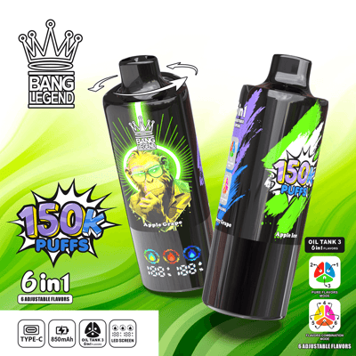 Two black vape devices with neon green and purple graphics lean against a bright lime background, featuring Bang Legend branding and a prominent 150K Puffs label along with 6 in 1 flavors promotion.