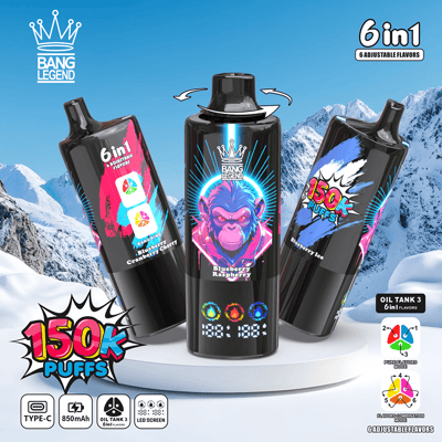 Three black Bang Legend 6in1 disposable vape bottles sit on a white pedestal against a snowy mountain backdrop, with the center bottle showing a glowing blue ring and purple gorilla label, the left bottle featuring a pink label, and the right bottle displaying a bold 150K Puffs graphic.
