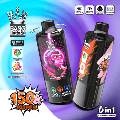Two Bang Legend oil tank vape bottles with crown logo, the left bottle showing a pink gorilla for Mixed Berries, set against a blue to purple gradient background with a bold 150K Puffs graphic.