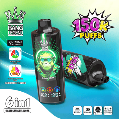 Promotional image for Bang Legend vape showing a black Guava Lime bottle with a green neon crown logo, a second cartridge beside it, a bright '150k Puffs' graphic, and icons indicating six adjustable flavors.