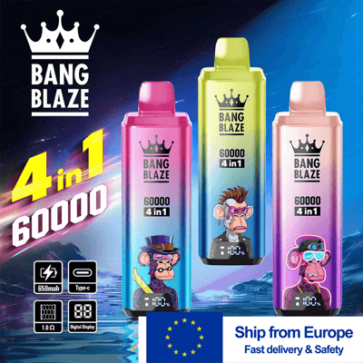 Bang Blaze 60000 Reklama jednorazowego vape 4 w 1 przedstawiająca trzy kolorowe kapsułki (różowe, zielone i fioletowe) z postaciami z kreskówek małp na każdej, na niebieskim gradientowym tle z flagą Europy i banerem 'Statek z Europy'.