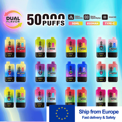 Vibrante pubblicità Dual Flavor con 50.000 flaconi di vaporizzatore usa e getta Puffs in una griglia di colori vivaci, con icone in alto che indicano il flusso d'aria regolabile, display digitale e bobina a rete ed etichette per 50 ml, 850 mAh e Type-C, oltre a uno striscione Ship from Europe con la bandiera dell'UE.
