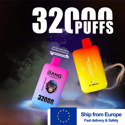 Dos botellas de vapeo degradadas (de rosa a azul y de amarillo a naranja) flotan sobre un fondo ahumado, anunciando 32000 PUFFS con un interruptor de sabor de fruta deslizante de izquierda a derecha y un cartel de envío de la UE en la parte inferior.