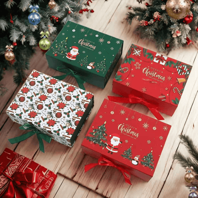 Colorful Christmas gift boxes with festive designs, including Santa Claus and evergreen trees, sit on a wooden floor under a decorated Christmas tree, each wrapped with red or green ribbons.