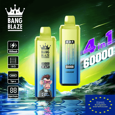 Two Bang Blaze 4-in-1 disposable vape pens in a yellow-to-blue gradient, one featuring a cartoon monkey, set against a neon green background with a '4 in 1 60000' label and icons for 650mAh, 1.0Ω, Type-C, and Digital Display, plus a European warehouse shipping badge in the corner.