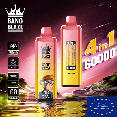 ピンクから黄色のグラデーション仕上げを施した 2 台の Bang Blaze 4-in-1 vape デバイスが、ネオンの山々の風景の中に立っています; 左側のデバイスには漫画の猿が描かれており、右側には 4 in 1 60000 のディスプレイがあり、左端に機能アイコンがあり、隅にヨーロッパの倉庫バッジが付いています。.