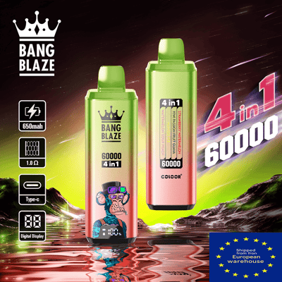 漫画の猿のロゴが付いた緑からピンクのグラデーションの Bang Blaze 4-in-1 60000 vape ペン 2 つ。650 mAh の容量、1.0 Ω 抵抗、USB Type-C 充電、デジタル ディスプレイを強調しています。.