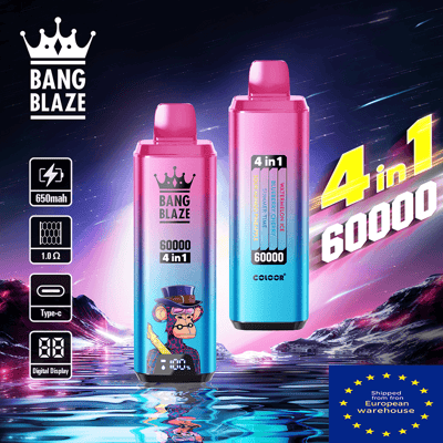 ピンクからブルーのグラデーションで下部に猿の漫画が描かれた 2 台の Bang Blaze 4-in-1 使い捨て電子タバコ デバイス。60,000 パフとラベルが付けられ、星空の氷の風景を背景に展示され、ヨーロッパの倉庫出荷バッジが付いています。.