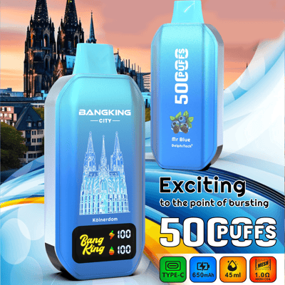 Due bottiglie refrigeranti blu etichettate BangKing City e Mr Blue con paesaggio urbano e sfondo futuristico, testo promozionale da 50 spunti e icone nella parte inferiore.