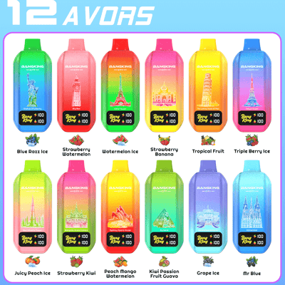 Twelve colorful bottle-shaped drinks in a grid, each labeled BangKing City with a different fruit flavor.