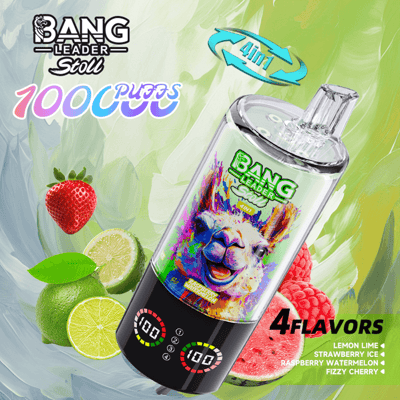 A bright advertisement for Bang Leader Stoll features a tall clear bottle with a colorful rainbow llama graphic on the label, a green and blue 4-in-1 badge, and a black base, set among lemons, limes and strawberries with the text 4 flavors: lemon lime, strawberry ice, raspberry watermelon, fizzy cherry.