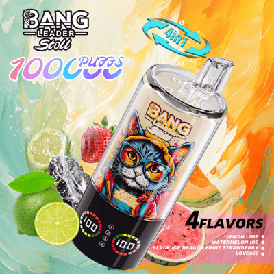 Bright promotional image of a Bang energy bottle featuring a cartoon cat with glasses on the label, surrounded by a colorful fruit background and a 4-in-1 graphic, listing four flavors: Lemon Lime, Watermelon Ice, Black Ice Dragon Fruit Strawberry, and Love666.