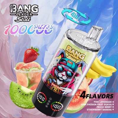 Colorful vape mod with a cartoon cat wearing sunglasses on the label, Bang Leader Stoll 4in1, surrounded by fruits and listing four flavors: Pink Lemonade, Kiwi Passion Fruit Guava, Peach Berry, and Strawberry Banana.